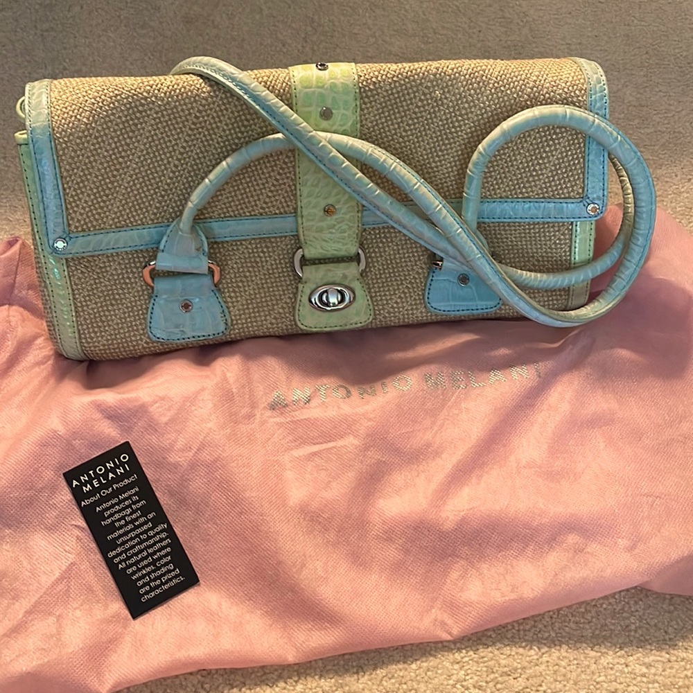 Antonio melani fabric handbag used , duster bag beige with leather trims